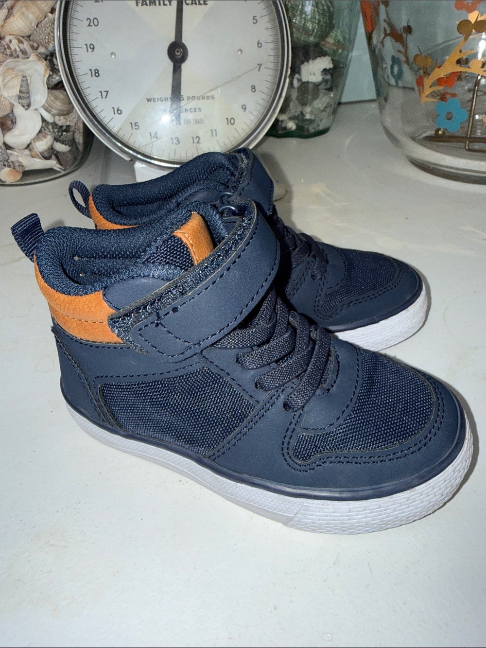 Size 7 Place Boys Navy High-Top Sneakers with Tan Accent EUC
